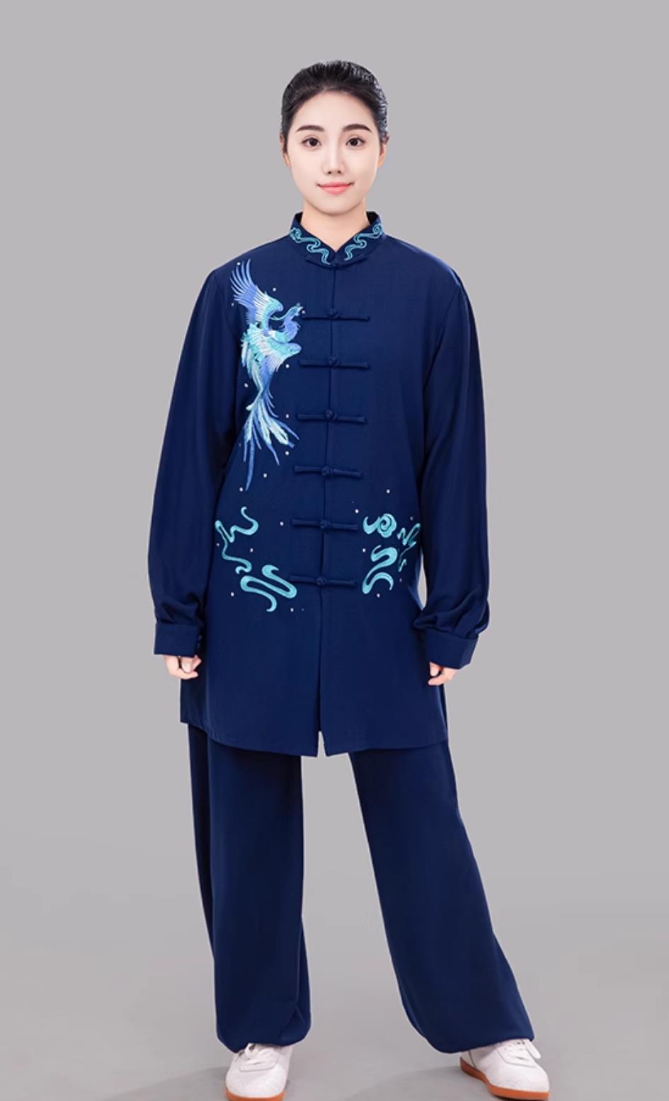 Navy Blue Phoenix Embroidered Women Tai Chi Suit Taiji Costume Ba Duan Jin Training Outfit