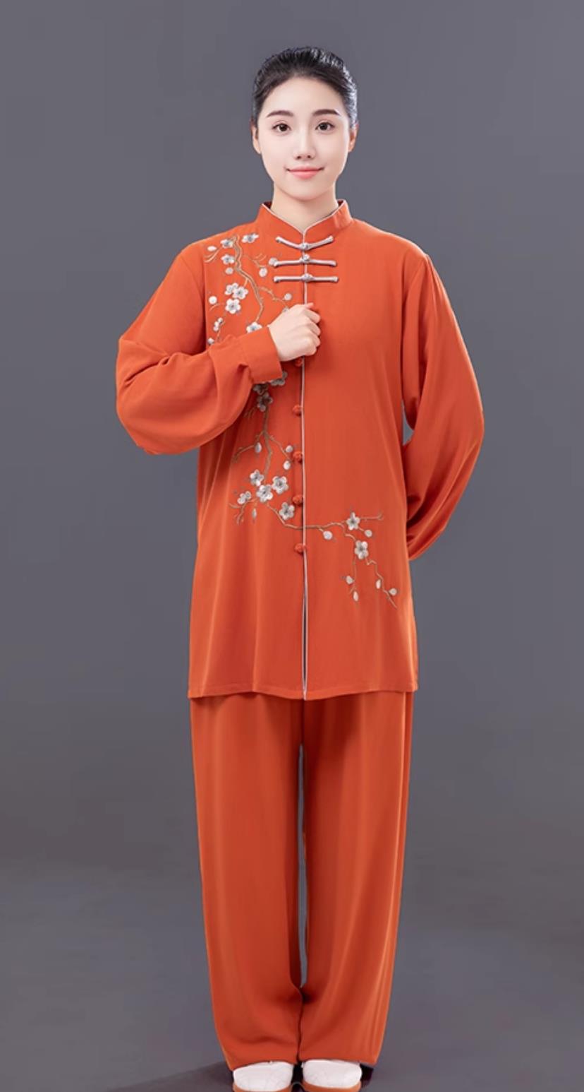 Women Embroidered Plum Blossom Tai Chi Suit Martial Arts Competition Performance Orange Outfit