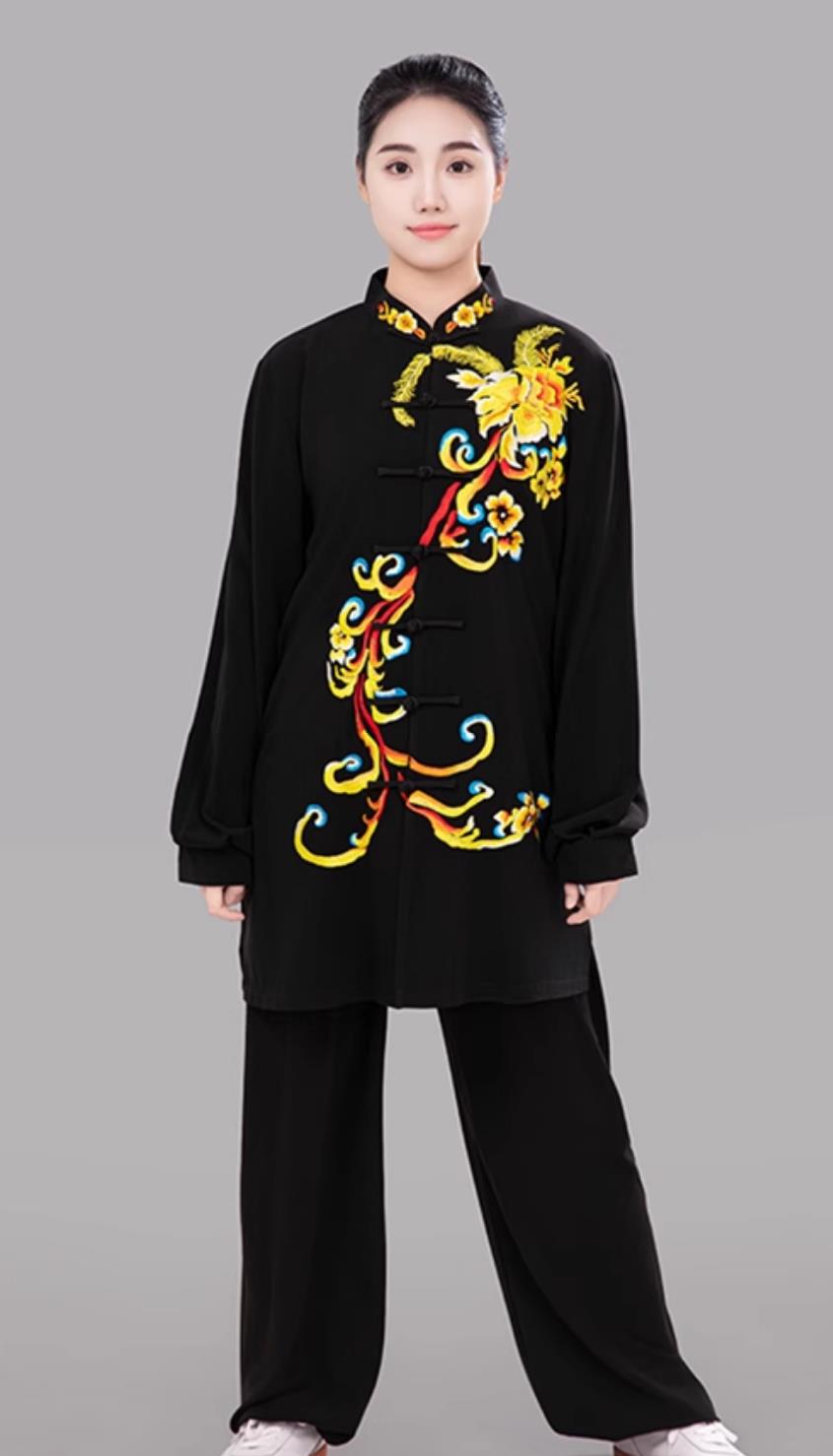 Black Women Embroidered Floral Tai Chi Suit Ba Duan Jin Tai Chi Competition Performance Training Clothing Martial Arts Outfit