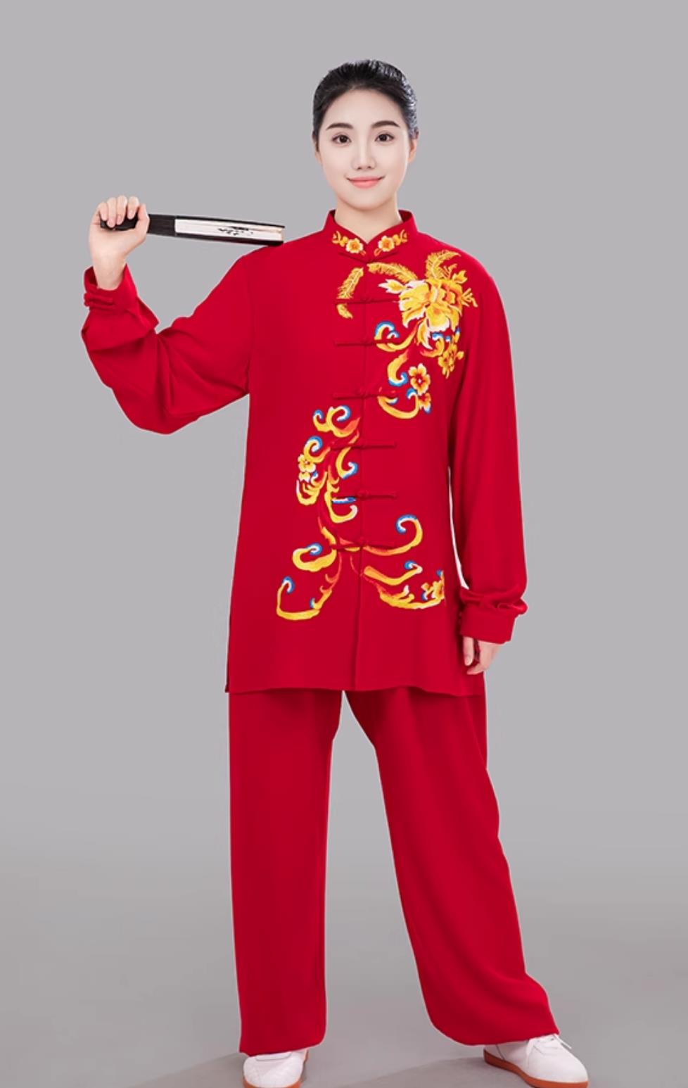 Red Women Embroidered Floral Tai Chi Suit Ba Duan Jin Tai Chi Competition Performance Training Clothing Martial Arts Outfit