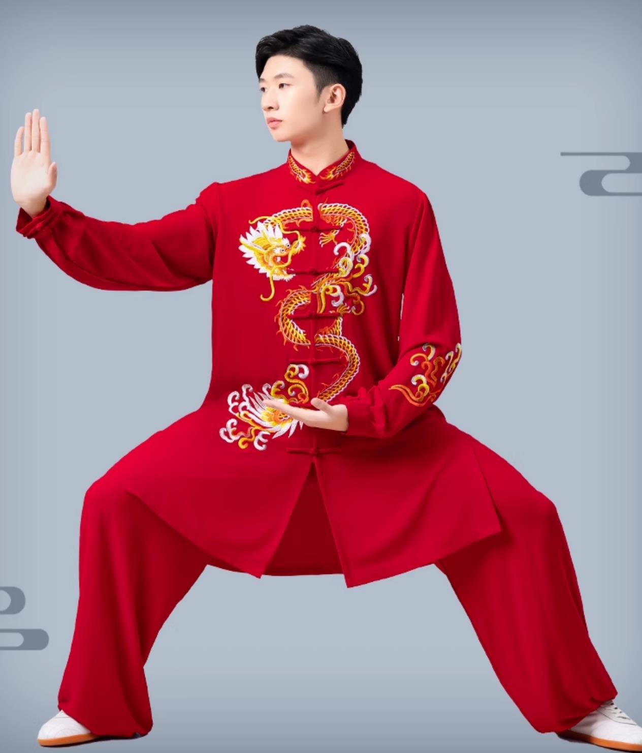 Dragon Embroidered Tai Chi Red Suit Tai Chi Training Clothing Martial Arts Performance Costume