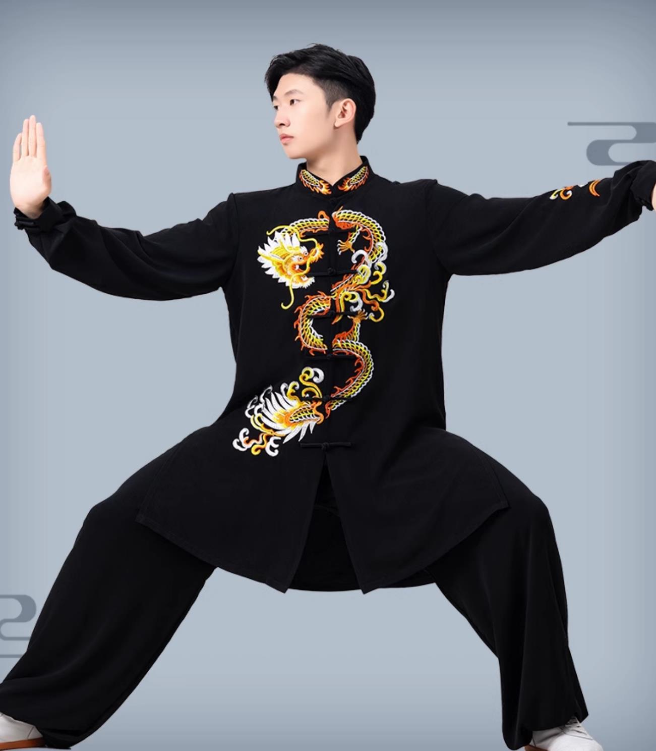 Dragon Embroidered Tai Chi Black Suit Tai Chi Training Clothing Martial Arts Performance Costume