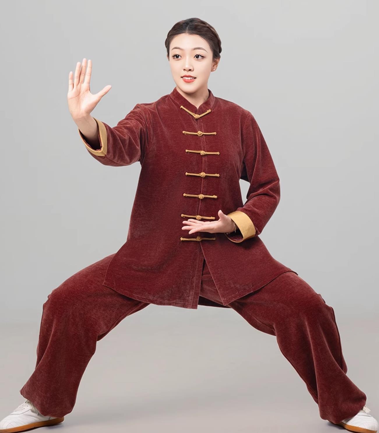 Red Brown Double Faced Fleece Women Tai Chi Suit Autumn Winter Thickened Tai Chi Training Uniform Martial Arts Clothing