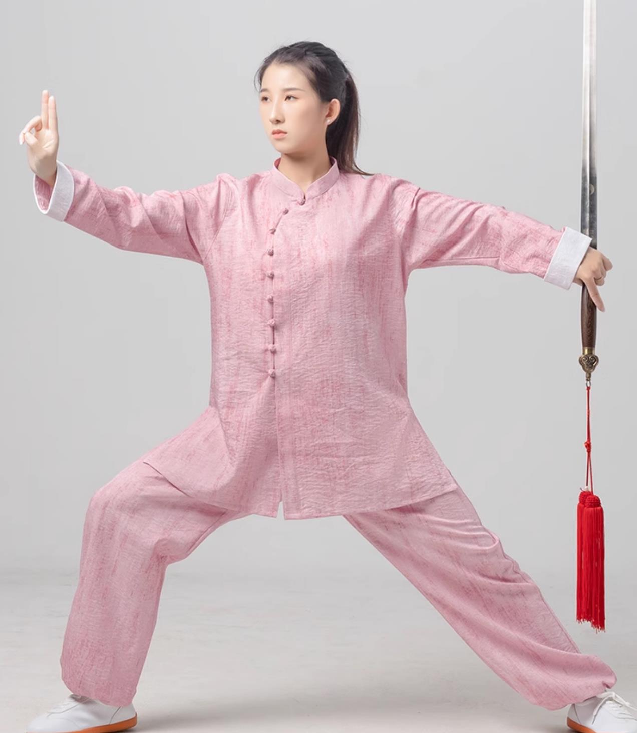 Women Diagonal Collar Tai Chi Suit Chinese Ba Duan Jin Pink Uniform Tai Chi Training Costume