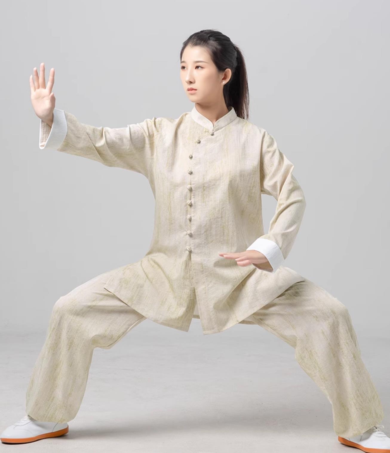 Chinese Ba Duan Jin Beige Uniform Tai Chi Training Costume Women Diagonal Collar Tai Chi Suit