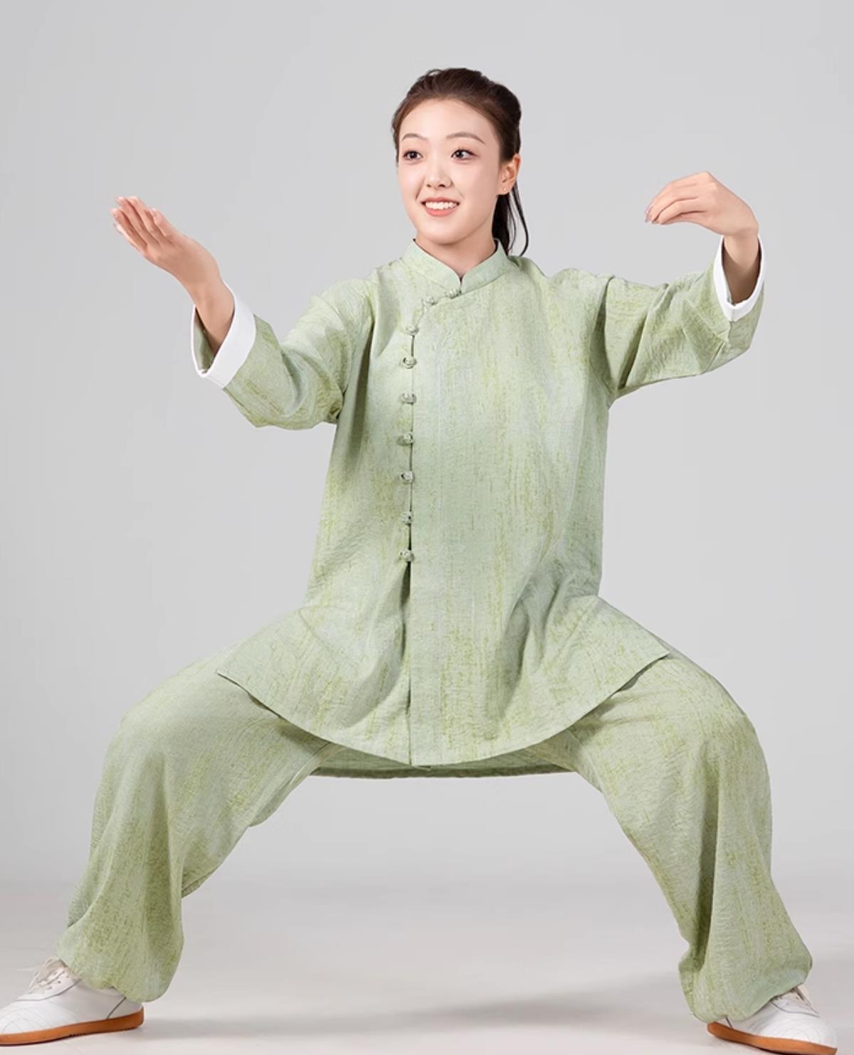 Women Diagonal Collar Tai Chi Suit Chinese Ba Duan Jin Green Uniform Tai Chi Training Costume