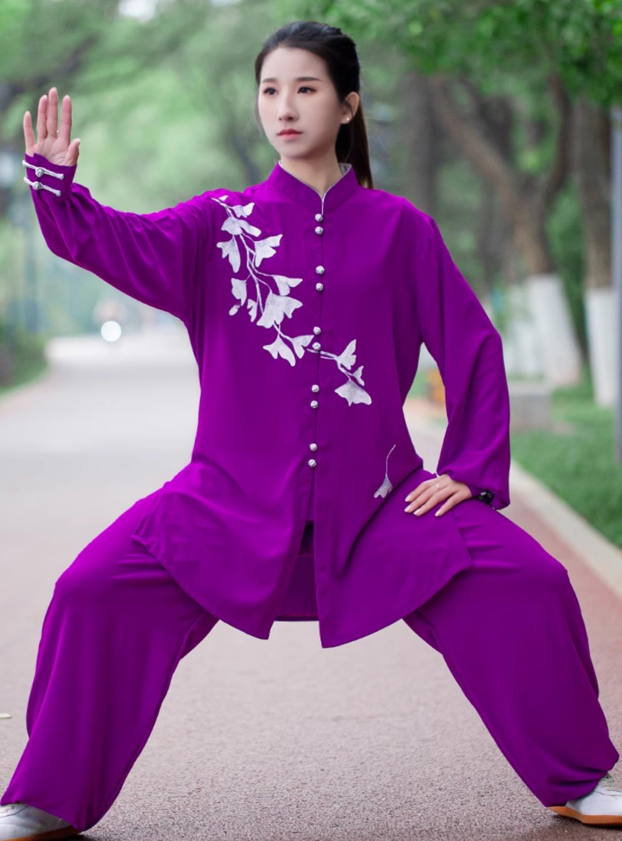 Hand Painted Ginkgo Leaf Women Tai Chi Uniform Tai Chi Performance Clothing Martial Arts Training Purple Outfit