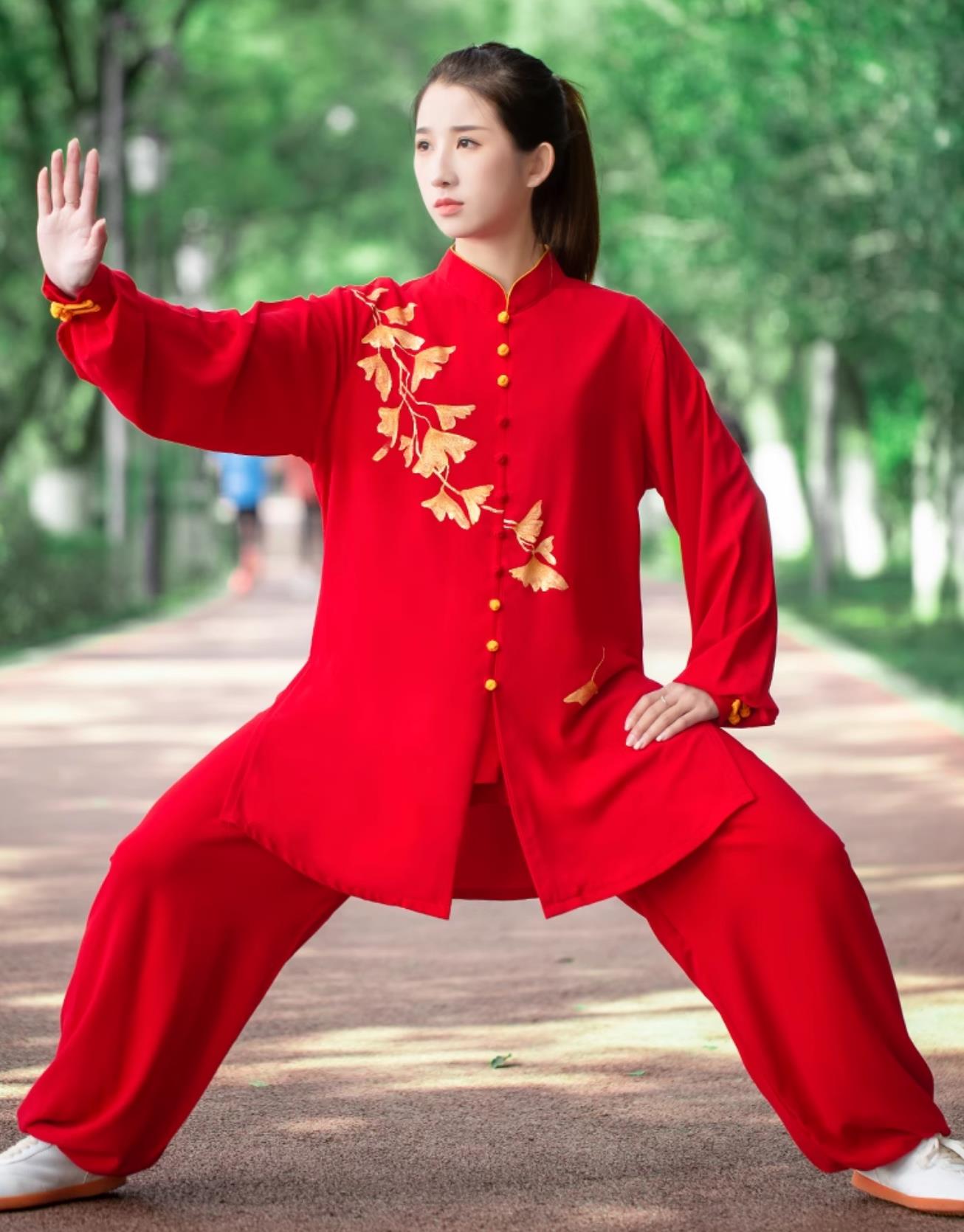 Martial Arts Training Red Outfit Hand Painted Ginkgo Leaf Women Tai Chi Uniform Tai Chi Performance Clothing