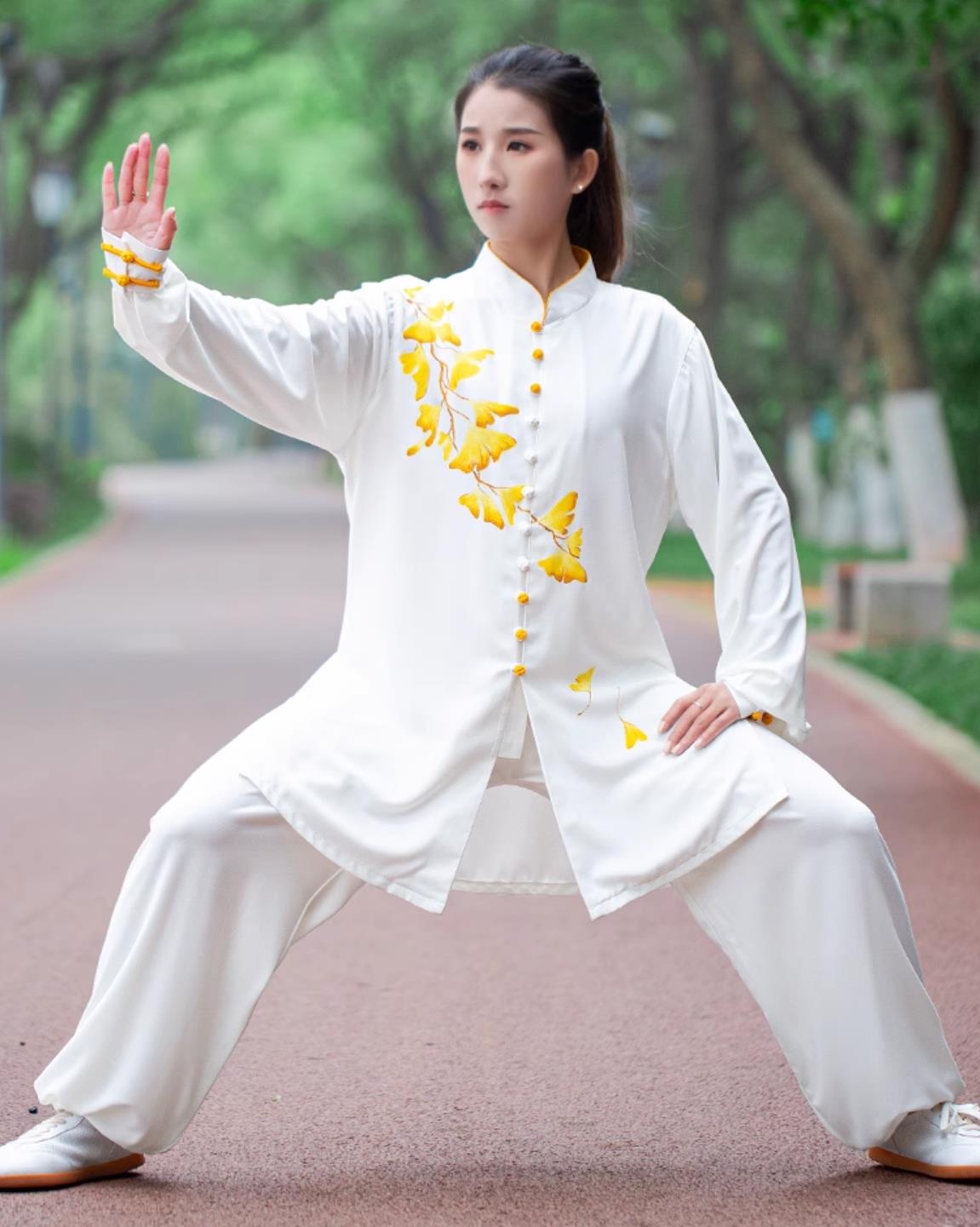 Tai Chi Performance Clothing Martial Arts Training White Outfit Hand Painted Ginkgo Leaf Women Tai Chi Uniform