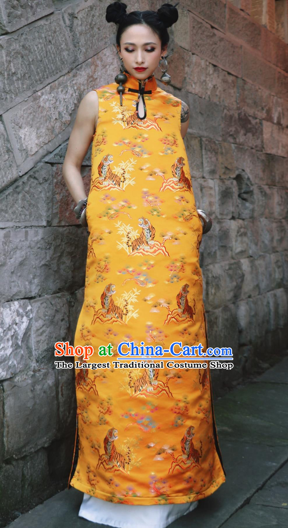 Gold Tiger Jacquard Brocade Stand Collar Sleeveless Qipao Loose Dress Chinese Cheongsam