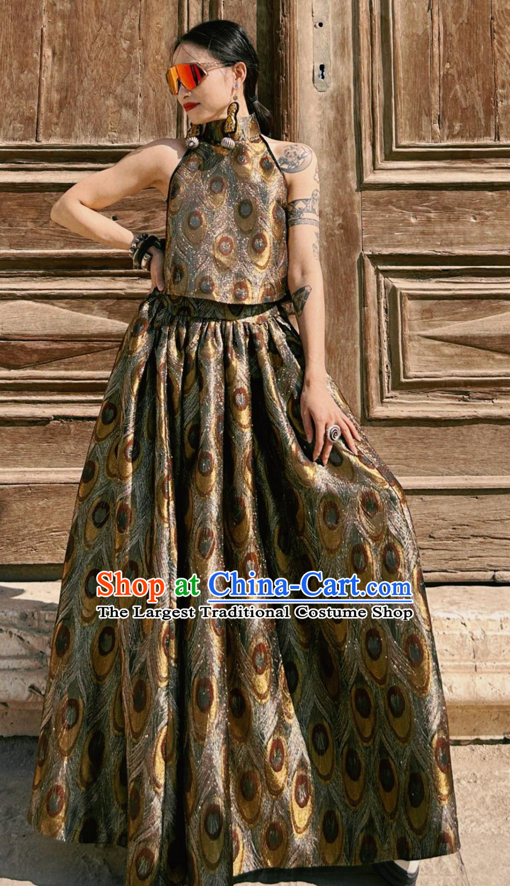 Luxury Golden Peacock Brocade High Neck Short Vest Pencil Skirt Neo Chinese Suit Set