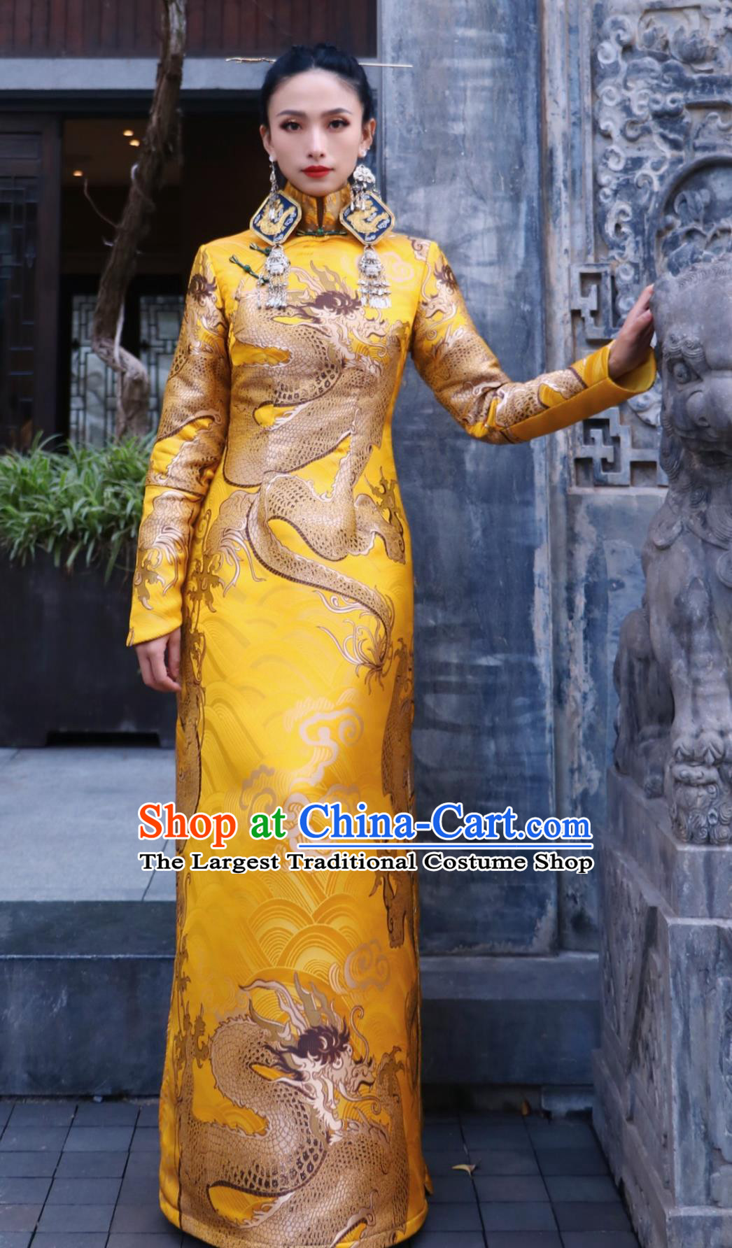 Yellow Dragon Jacquard Stand Collar Horsehoof Sleeve Dress Modified Runway Cheongsam Chinese Autumn Winter Clothing Qipao