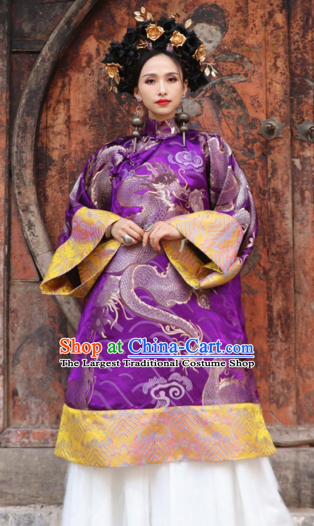 Chinese Style Cheongsam Purple Gold Dragon Jacquard Stand Collar Robe Modified Hanfu