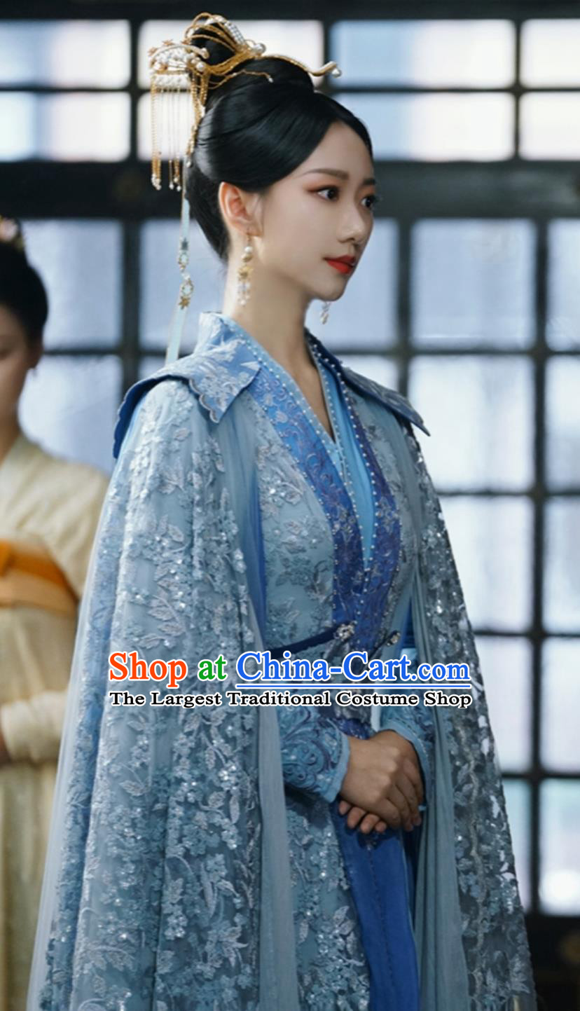 Traditional Hanfu Clothing  TV Series Fateful Love Empress Ouyang JIng Qian Blue Dress Chinese Ancient Court Woman Costume