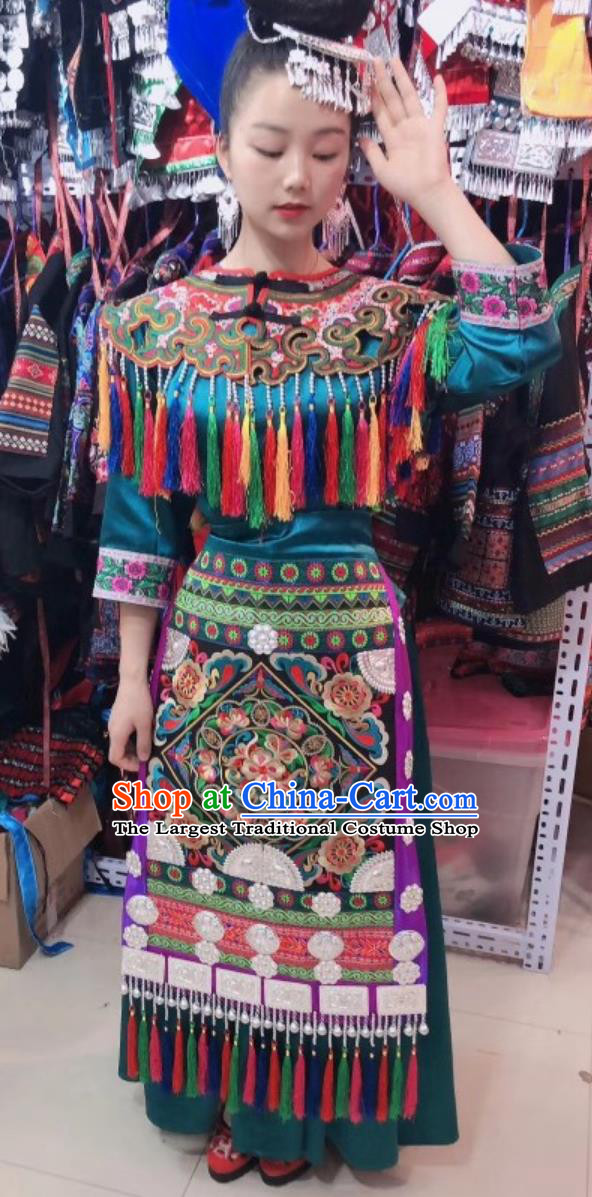 Chinese Ethnic Performance Costume Guizhou Minority Nationality Women Dance Outfit Traditional Dong Green Dress