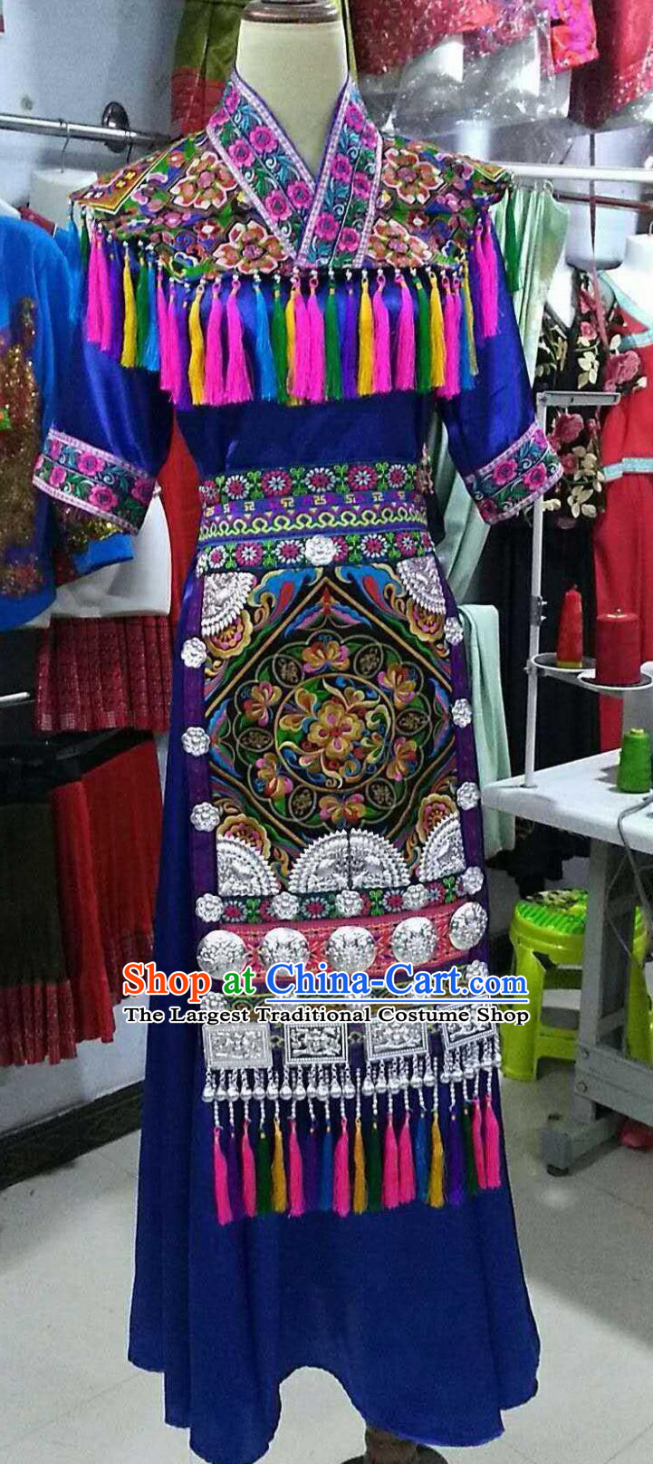 Traditional Dong Ethnic Gown Chinese Stage Performance Royal Blue Dress