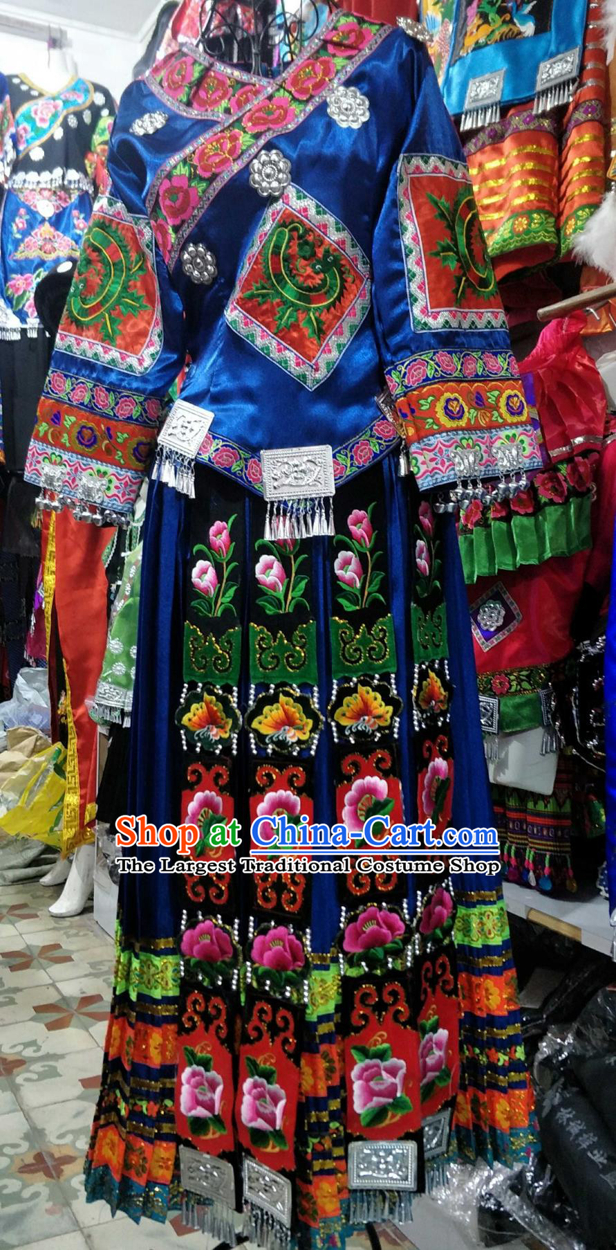 Ethnic Performance Costume Chinese Dong Nationality Dance Outfit Royal Blue Long Dress for Women