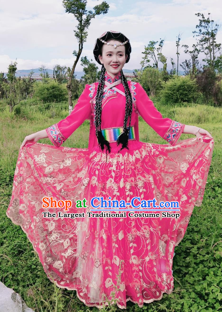 Yunnan Lijiang Ethnic Minority Clothing Chinese Naxi Mosuo Bride Costume Pumi Performance Rosy Outfit