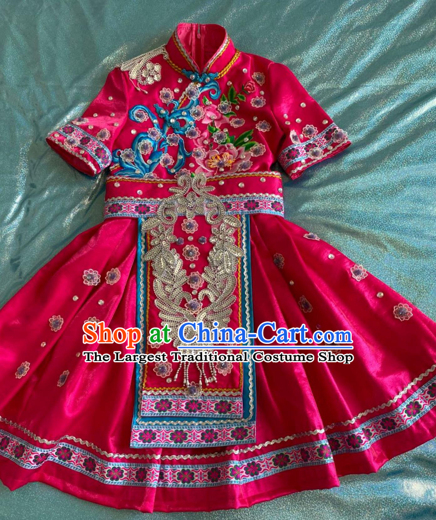 Handmade Naxi Buyi Minority Festival Clothing Chinese Ethnic Costume Children Rosy Dress
