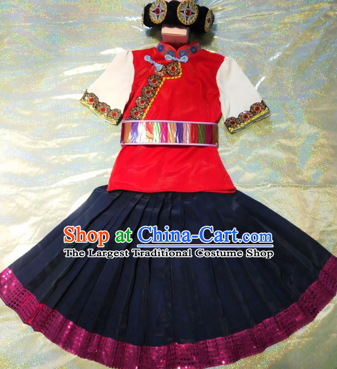 Chinese Naxi Ethnic Stage Outfit Yunnan Lijiang Minority Nationality Costume
