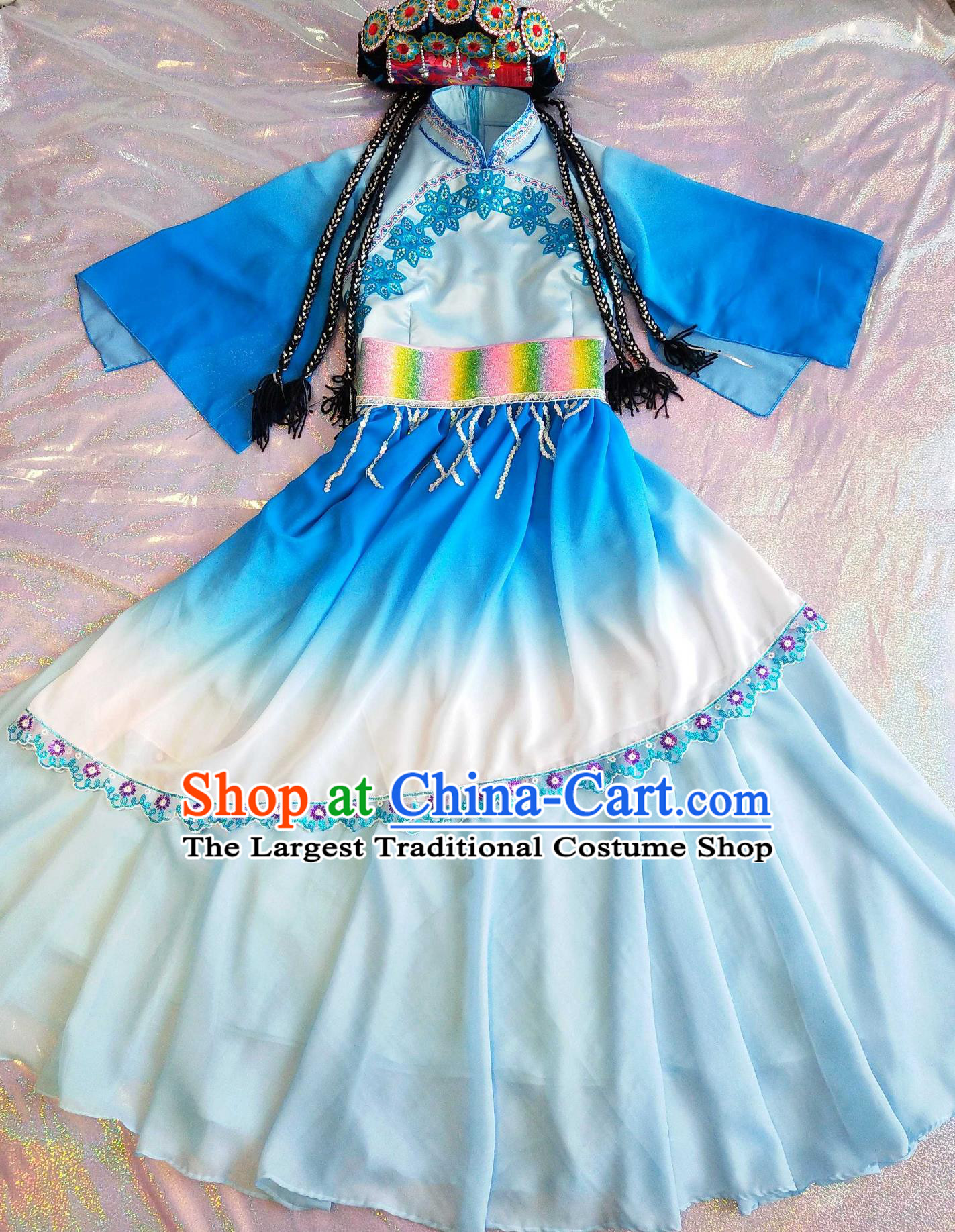 Yunnan Lijiang Ethnic Minority Clothing Naxi Mosuo Costume Ombre Chiffon Maxi Dress