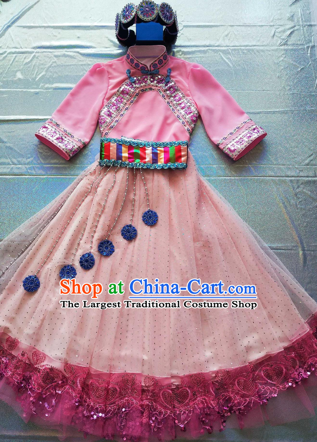 Chinese Naxi Ethnic Clothing Mosuo Minority Costume Yunnan Lijiang Stage Performance Pink Dress