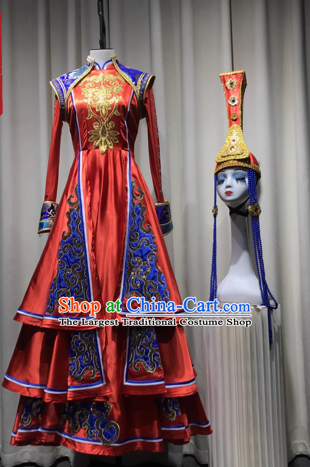 Mongolian Formal Ceremonial Gala Costume Ethnic Red Dress Traditional Dance Performance Outfit