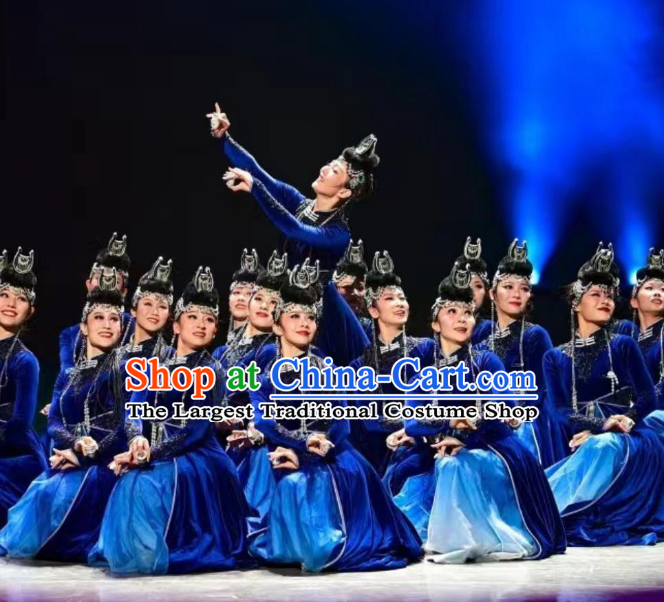 Chinese Ethnic Mongolian Group Dance Costume Song Enchantress Women Performance Outfit with Headdress