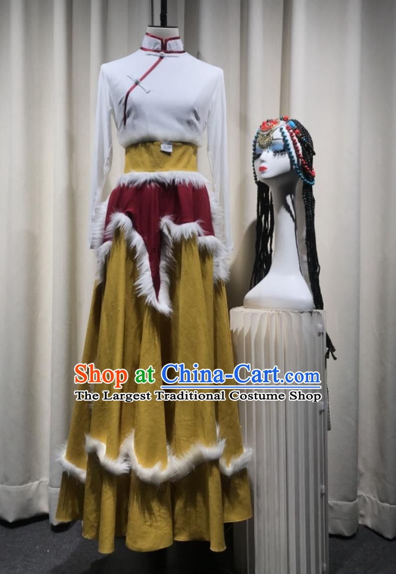 Chinese Women Group Dance Clothing Zang Nationality Folk Dance Yellow Dress Customized Tibetan Performance Costume