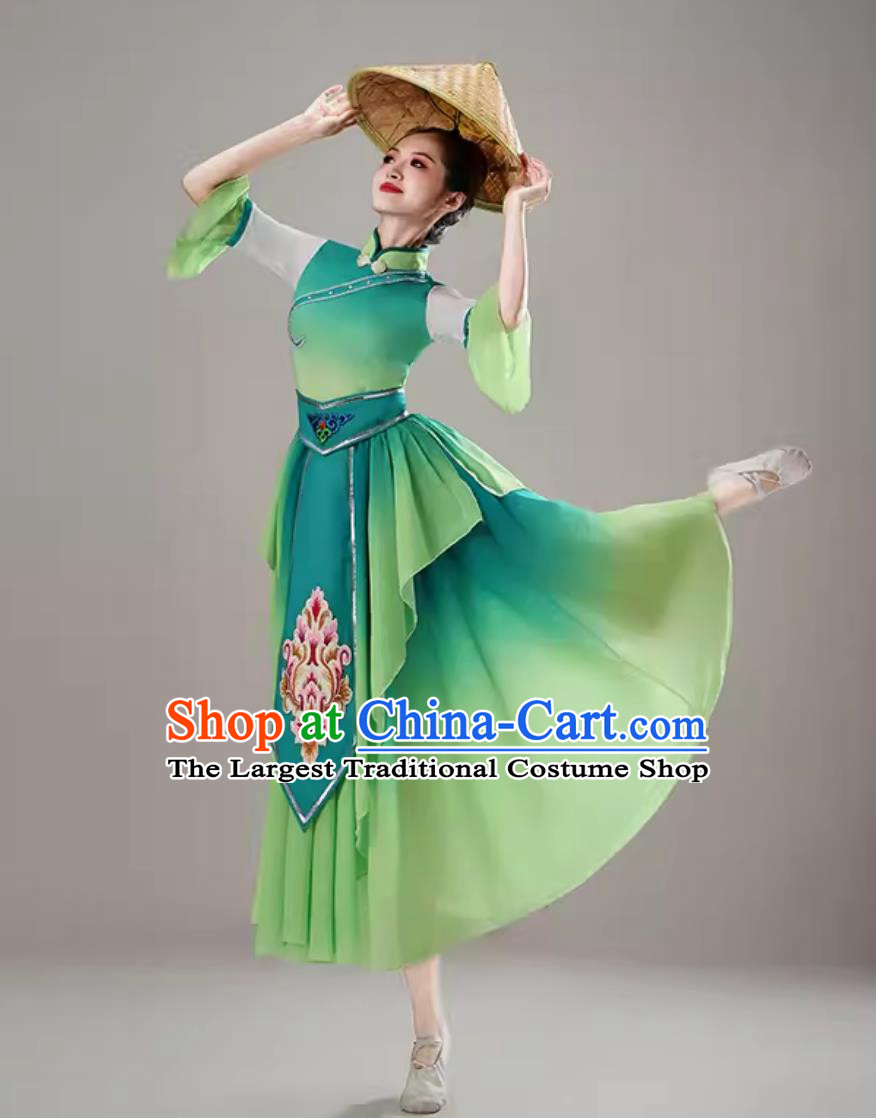 Chinese Style Bamboo Hat Dance Outfit Tea Picking Dance Yangko Costume Folk Dance Green Clothing