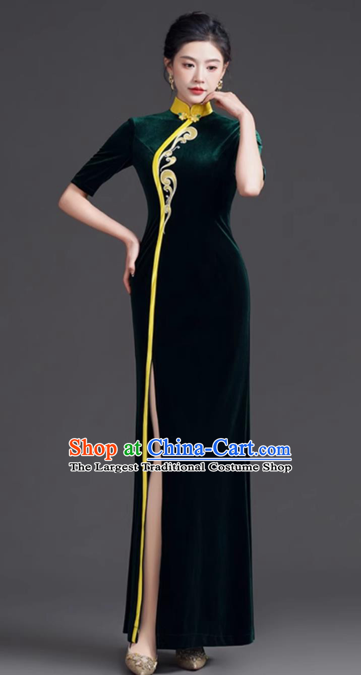 Mermaid Tail Qipao Dress Dark Green Slimming Velvet Runway Long Gown