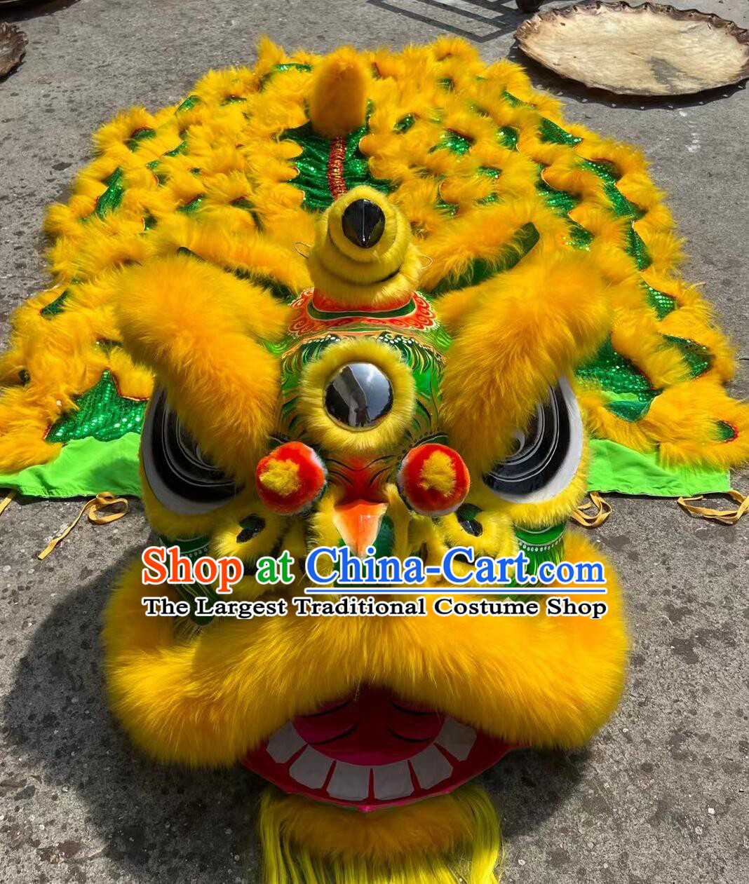 Handmade Golden and Green Lion Dance Costume Traditional Chinese Festival Dance Fut San Lion Head and Clothes Complete Set