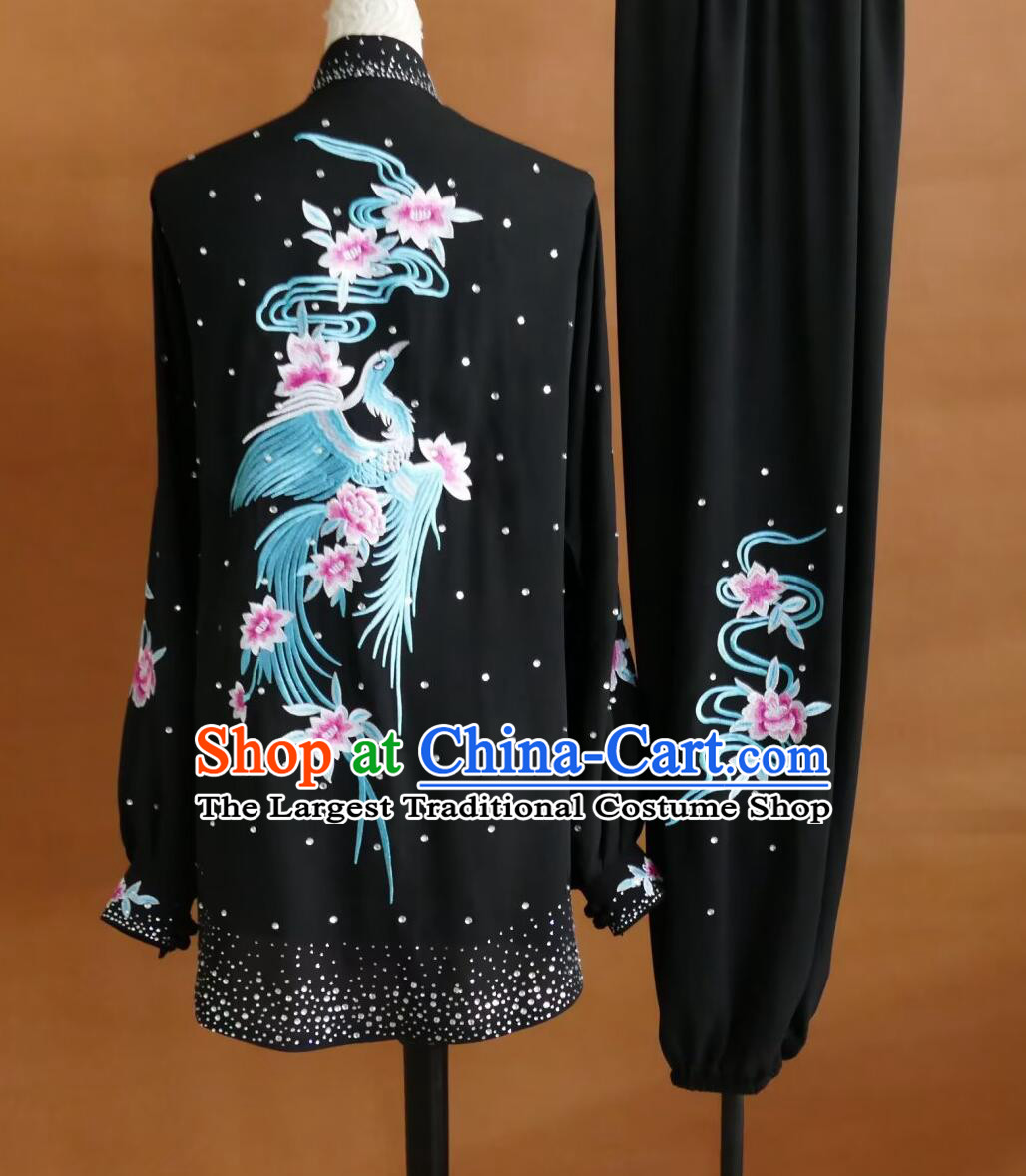 Embroidered Phoenix Crystal Tai Chi Outfit Mid Length Kung Fu Suit Black Qigong Costume Martial Arts Competition Performance Uniform