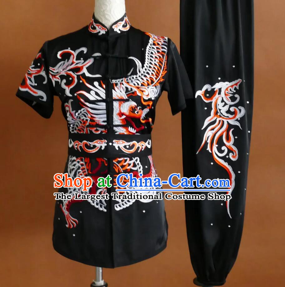 Dragon Embroidered Short Sleeve Changquan Clothing Black Kung Fu Uniform Routine Martial Arts Training Suit Wushu Competition Costume