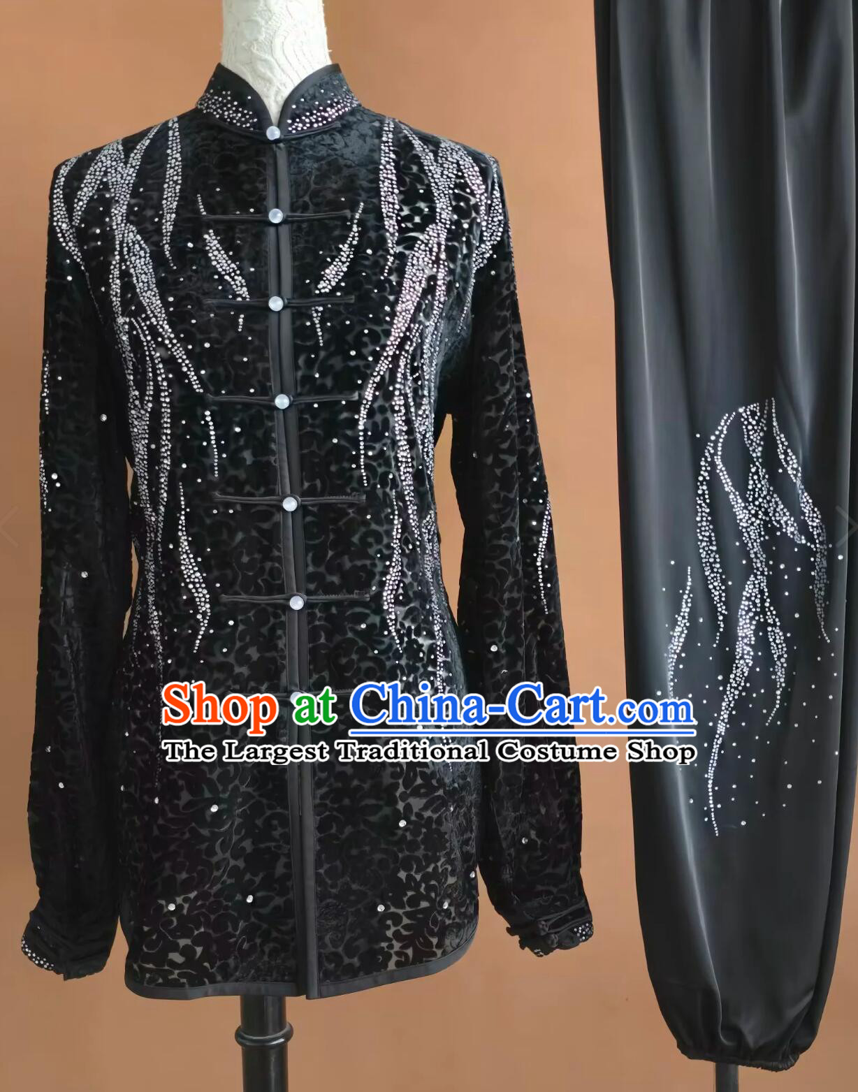 Rhinestone Velvet Kung Fu Suit Wushu Competition Uniform Tai Chi Performance Costume Black Taiji Outfit