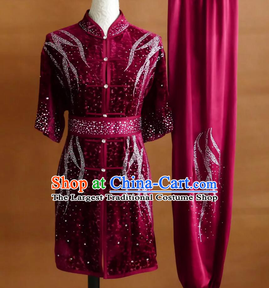 Bordeaux Red Martial Arts Performance Outfit Rhinestone Velvet Changquan Kung Fu Suit Wushu Routine Competition Uniform Long Fist Costume