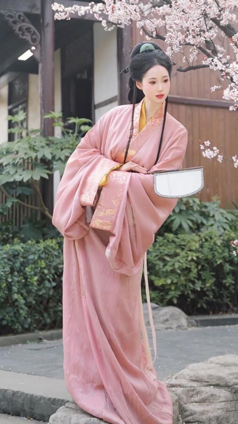 Warring States Zhiju Straight Hem Robe Ancient Chinese Costume Women Pink Hanfu Dress
