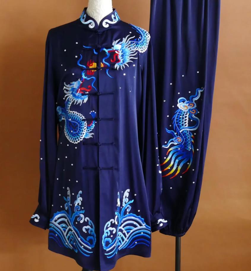Navy Blue Dragon Embroidered Tai Chi Performance Uniform Kung Fu Group Competition Costume