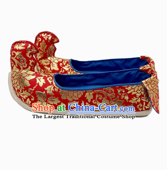 Handmade Thousand Layer Sole Upward Curved Shoes Chinese Ancient Princess Shoes Ming Dynasty Hanfu Red Brocade Shoes