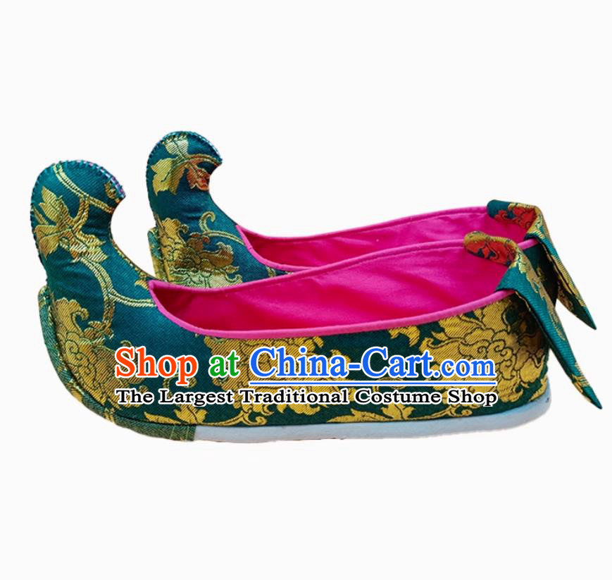 Ming Dynasty Hanfu Green Brocade Shoes Handmade Thousand Layer Sole Upward Curved Shoes Chinese Ancient Princess Shoes
