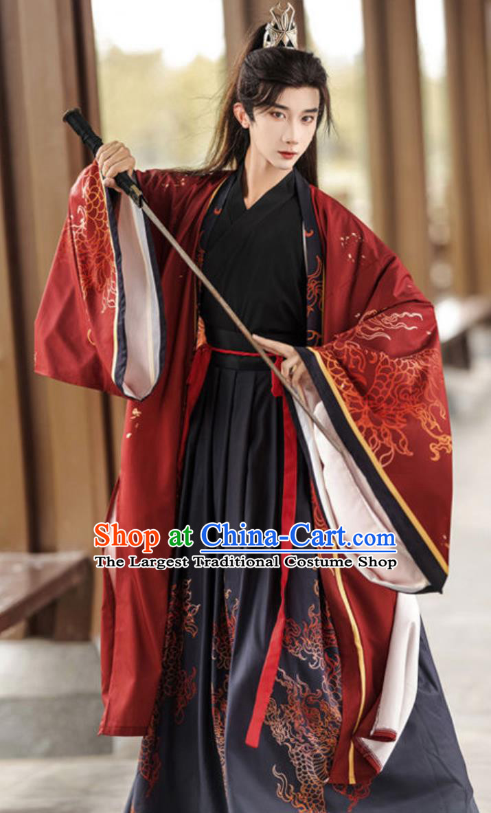 Traditional Chinese Hanfu Ancient Swordsman Outfit Cape Shirt and Skirt Complete Set