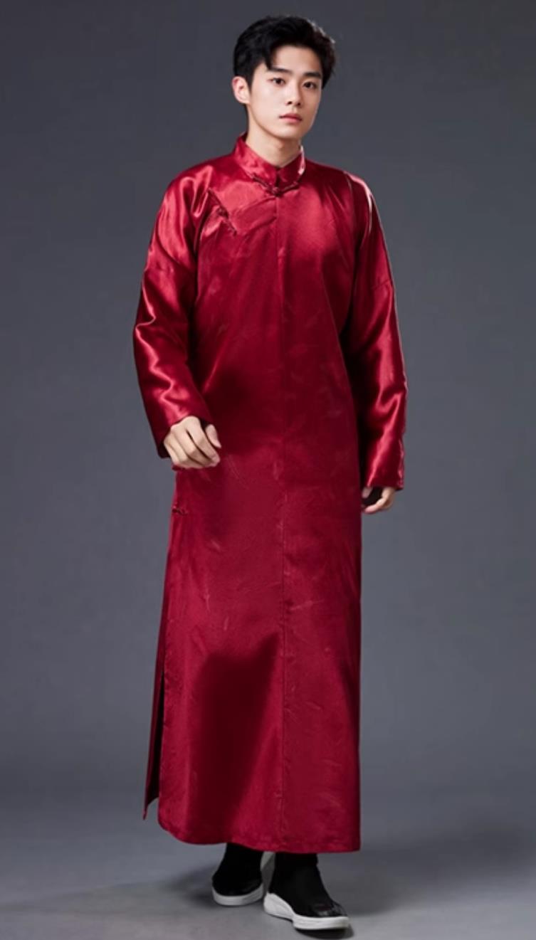 Chinese Mens Suit Diagonal Collar Republic Era Long Gown Brocade Jacquard Vintage Frog Button Traditional Formal Robe