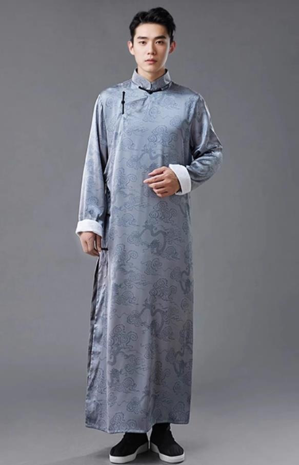 Mens Republic Era Long Gown Diagonal Collar Robe Chinese Mandarin Jacket Tang Suit Dragon Pattern Traditional Robe