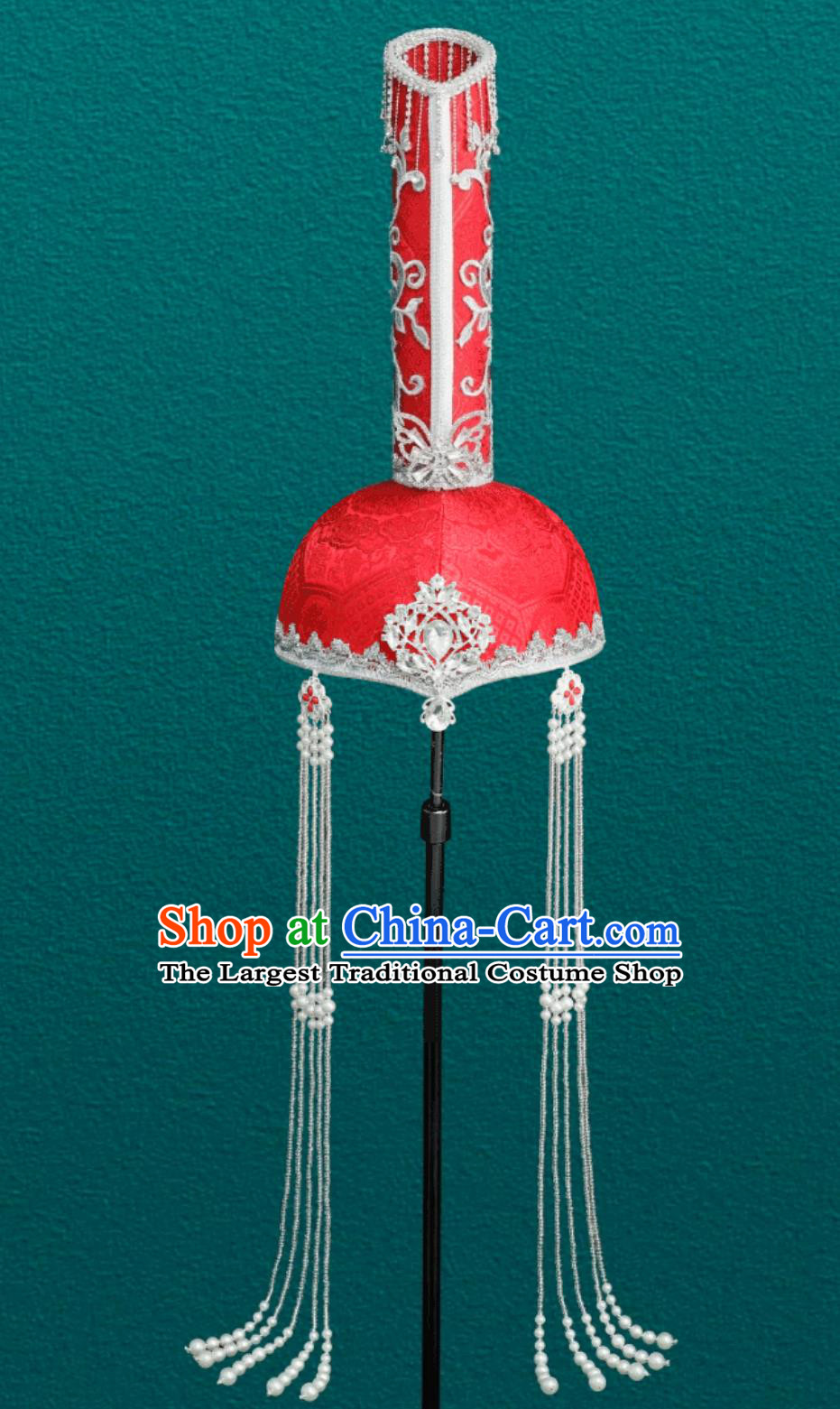 Mongolian Ladies Red Tassel High Top Hat Chinese Dance Performance Wedding Show Headpiece