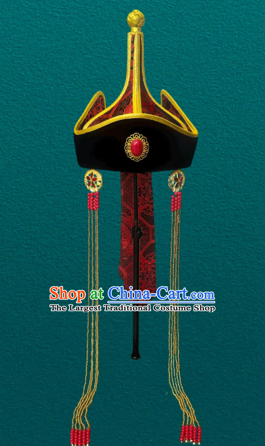 Red Mongolian Ethnic Tassel Headpiece Pointed Top Chinese Mongolia Dance Performance Hair Accessory Forehead Hat