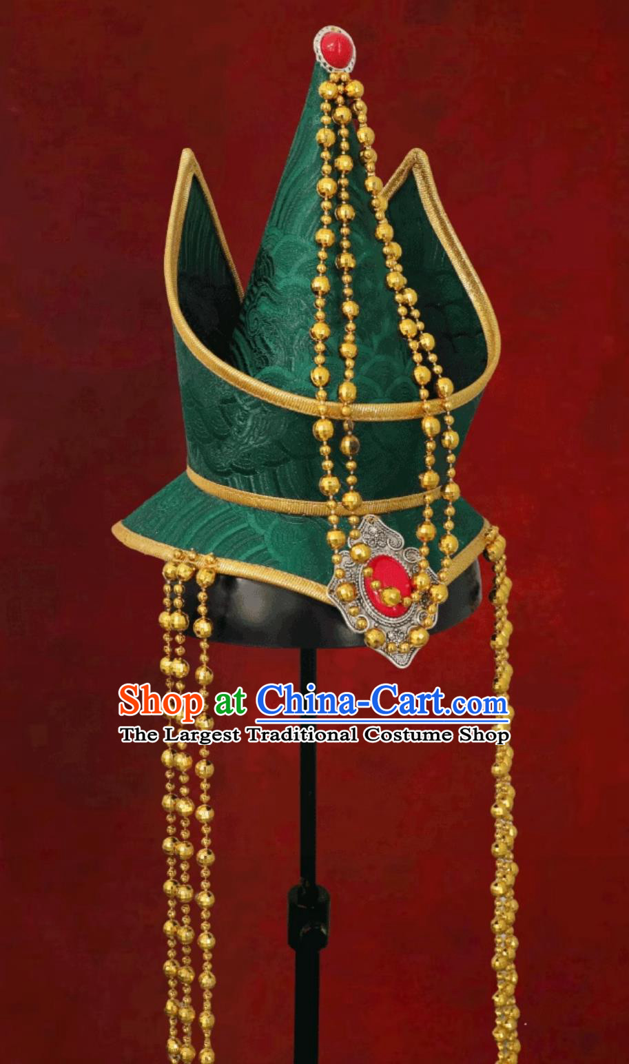 Green Mongolian Ladies Headpiece Forehead Pointed Hat Dance Performance Mongolian Hair Accessory