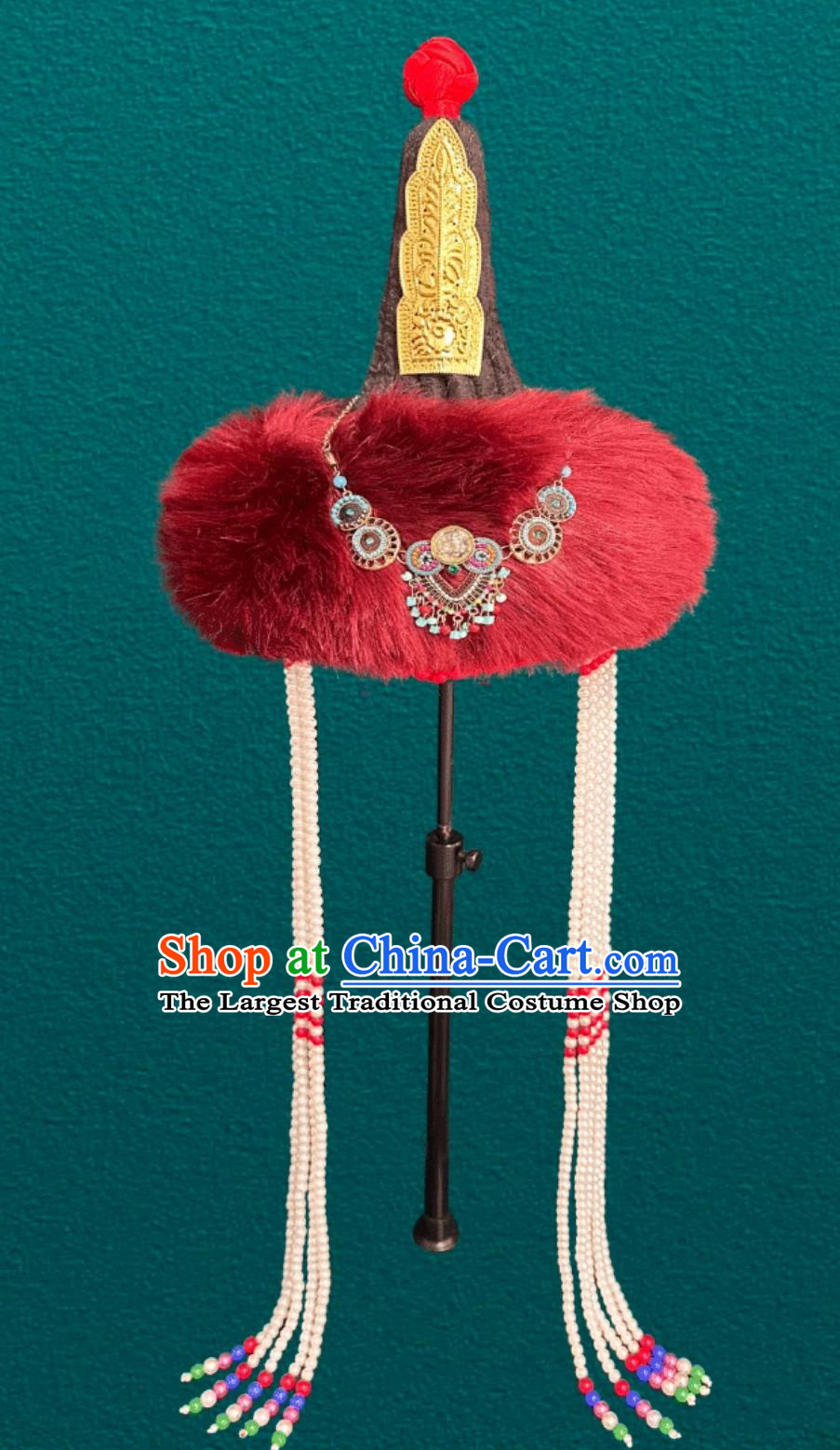 Mongolian Red Ladies Tassel High Top Fuzzy Hat Dance Performance Wedding Show Headpiece