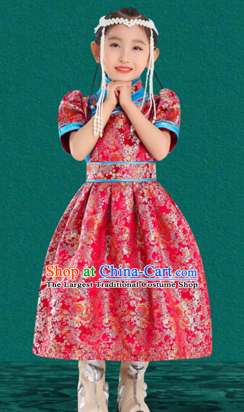Red Girl Daily Wear Mongolian Robe Chinese Mongolia Ethnic Stage Costume Performance Dress