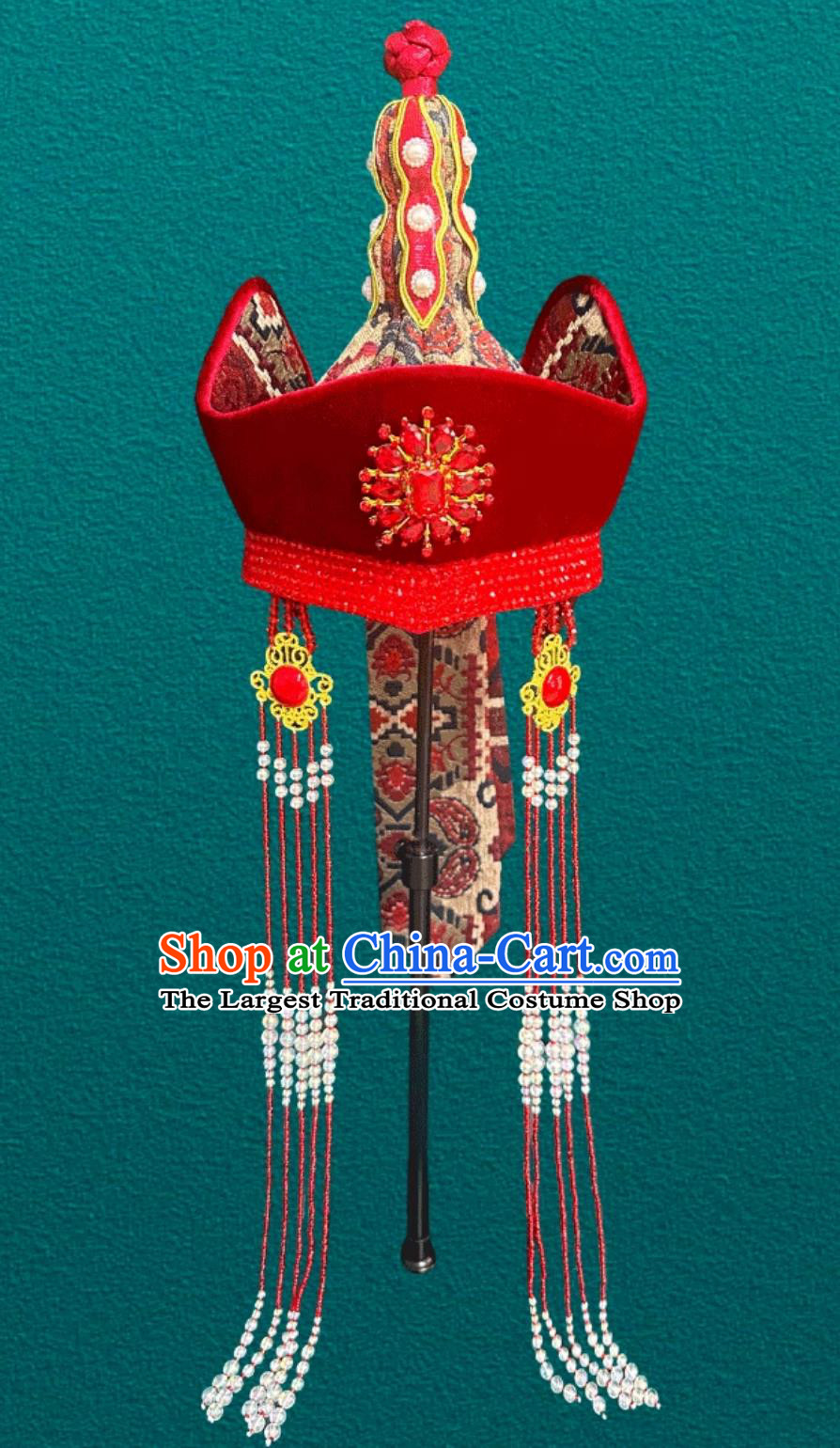 Mongolian Ladies Tassel Red Hat Chinese Mongol Dance Performance Hair Accessory Bride Show Wedding Headpiece
