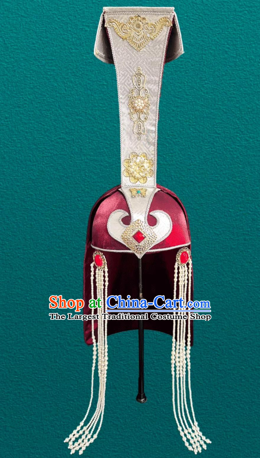 Mongolian Ladies Tassel Burgundy Hat Mongolia Dance Performance Hair Accessory Ethnic Bride Wedding Headpiece